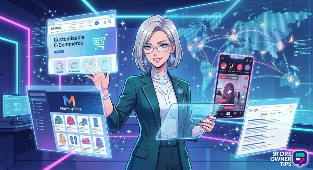 A stylish anime businesswoman managing multiple global ecommerce sales channels simultaneously from a holographic dashboard.