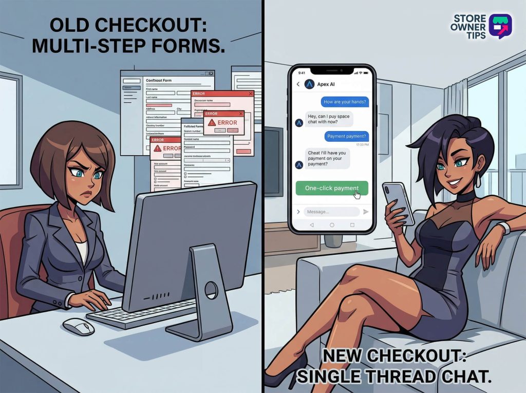 conversational-checkout-core-concept-comparison - Store Owner Tips Frustrated woman at desk struggling with cluttered desktop forms and error messages from a complicated multi-step checkout on her computer, and a relaxed woman on couch using her phone to complete a one-click payment via a simple single-thread chat checkout interface.