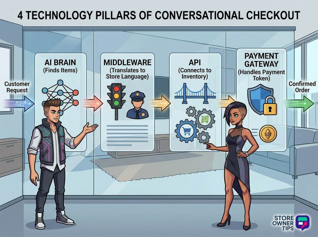 conversational-checkout-four-tech-pillars - Store Owner Tips Cartoon infographic showing conversational checkout flow: customer request passing through AI brain, middleware, API, and payment gateway to confirmed order.