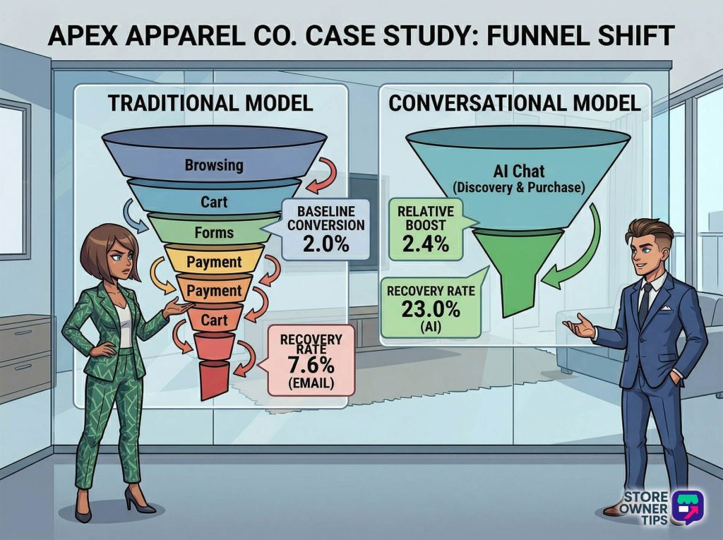 conversational-checkout-funnel-shift - Store Owner Tips Two business presenters compare a traditional multi-step checkout funnel with an AI-driven conversational funnel, highlighting improved conversion metrics and recovery rates.