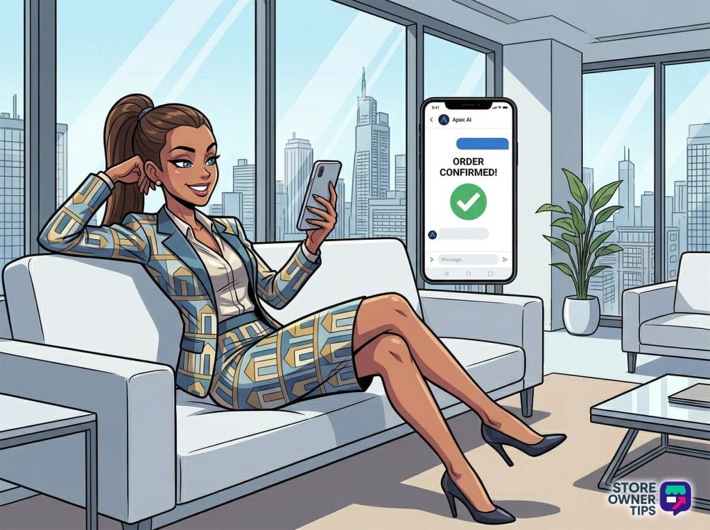 conversational-checkout-traditional-vs-conversational-comparison - Store Owner Tips Confident businesswoman in a patterned suit relaxes on an office sofa, smiling at her phone as an Order Confirmed notification appears.