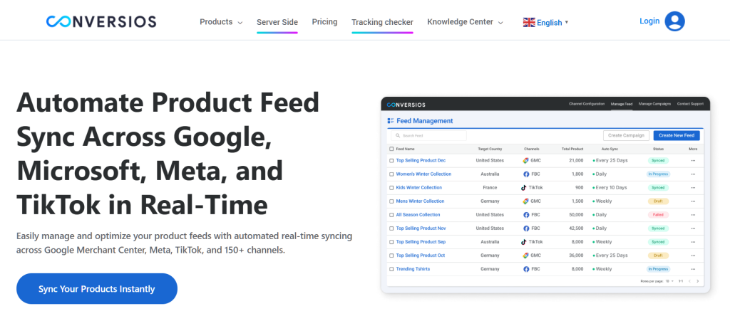 Website hero for Conversios showing a dashboard and headline about automating real‑time product feed synchronization across Google, Meta, Microsoft, and TikTok.