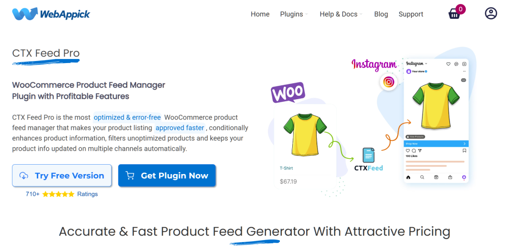 WebAppick CTX Feed Pro product page showing WooCommerce feed manager exporting a yellow t-shirt listing to Instagram, with clear call-to-action buttons.