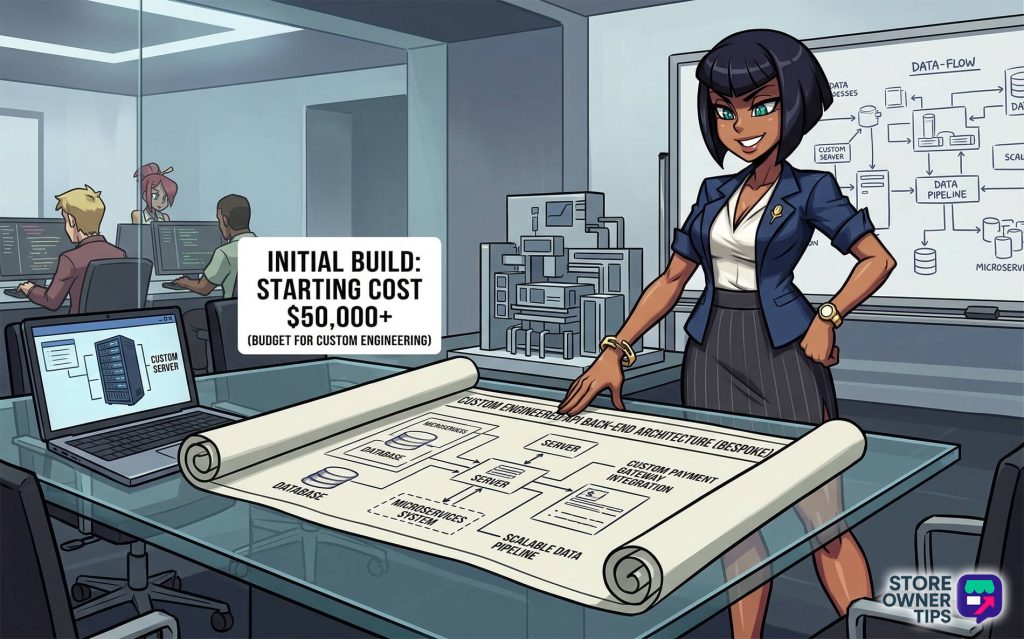 An illustration set in a high-end corporate loft office, where modern-dressed engineers with serious expressions are spread across different tables working on complex, bespoke API backend blueprints and custom server diagrams, with a prominent text bubble stating: "INITIAL BUILD: STARTING COST ,000+.