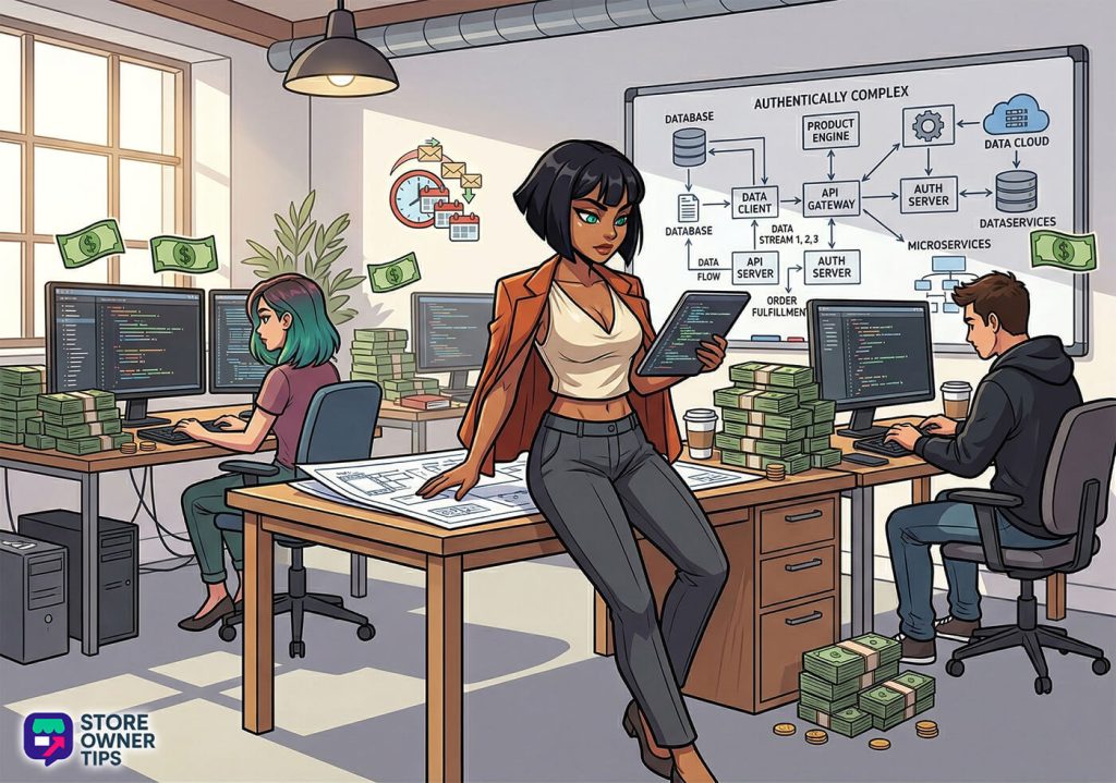 An illustration set in a high-end corporate loft office, where modern-dressed engineers with serious expressions are spread across different tables working on complex, bespoke API backend blueprints and custom server diagrams.