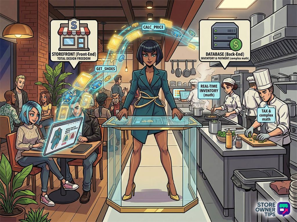 Illustration of a modern restaurant with a clear central pass, with separate, distinct storefront (with tables, patrons, and a website) and database/kitchen (with servers and chefs) sections, showing a conceptual metaphor for decoupled architecture.