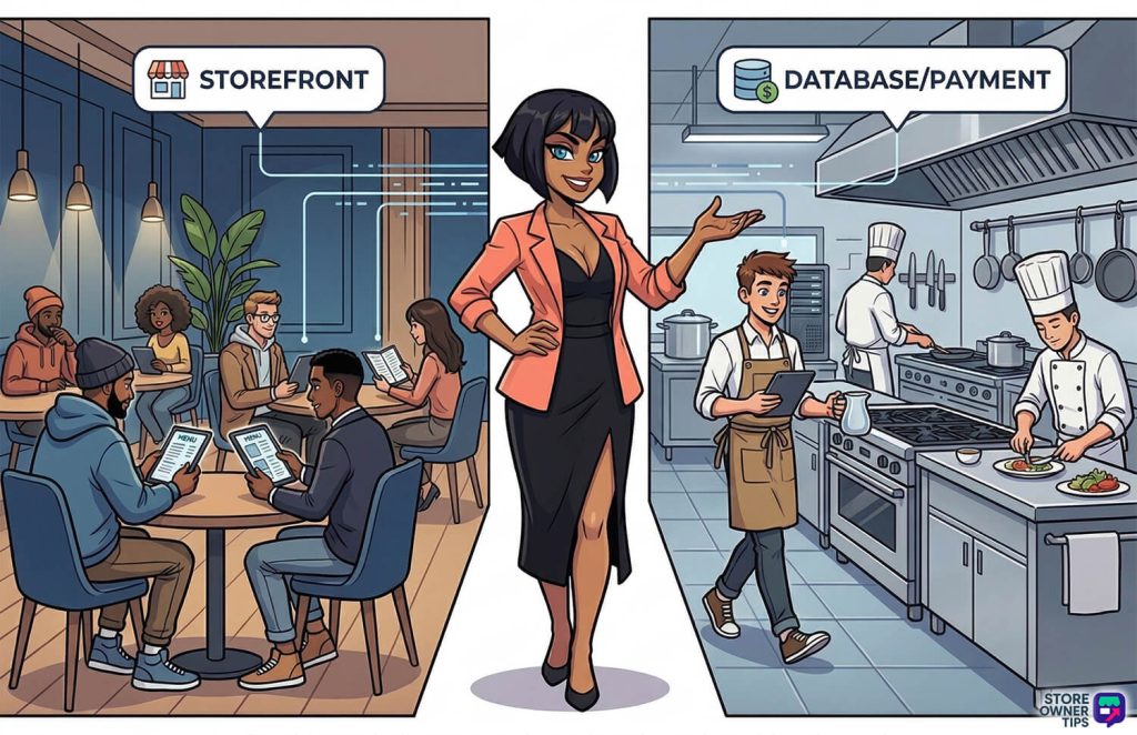 Illustration of a modern restaurant with a clear central pass, with separate, distinct storefront (with tables, patrons, and a website) and database/kitchen (with servers and chefs) sections, showing a conceptual metaphor for decoupled architecture.