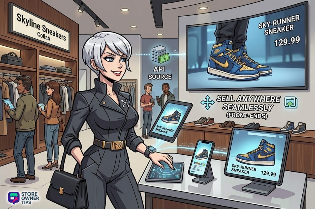 A middle-wide shot of a modern, normal-day retail store with wood fixtures, where synchronized product details of a unique sneaker are simultaneously displayed on a massive curved screen, a tablet, a smartphone, and a smartwatch, all synchronized by an API Source.
