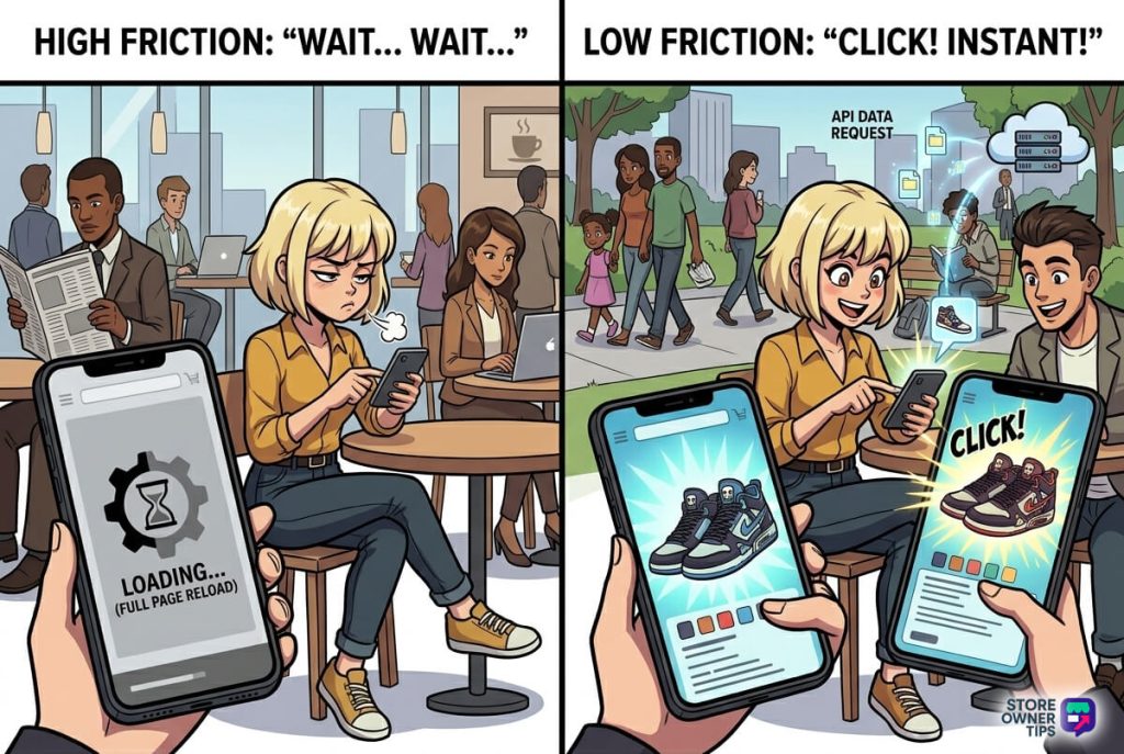 A side-by-side comparison of a high-friction experience (a customer waiting for a full-page reload with a generic spinner, looking frustrated) versus a low-friction experience (a customer beaming with a delighted smile, instantly updating only a specific product detail via an API call).
