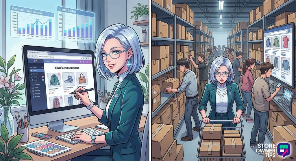 A split-screen illustration contrasting the branding control of a direct website with the intense competition of a marketplace.