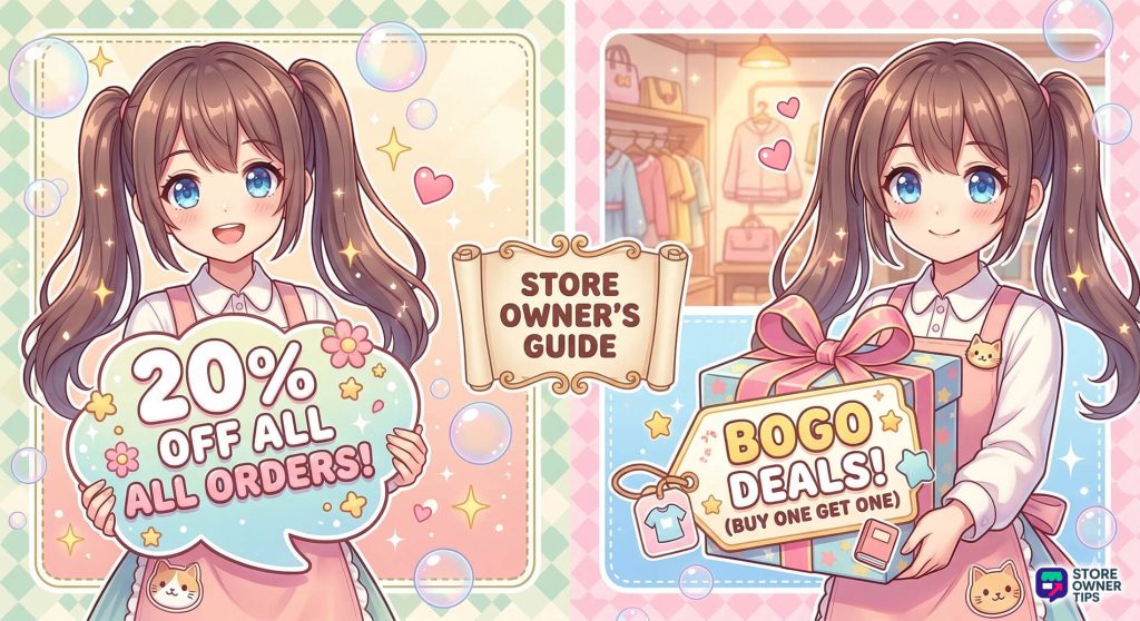 discount-code-different-types-of-discount-codes - Store Owner Tips A cute anime shopkeeper presenting different types of discount offers like percentage off and BOGO.