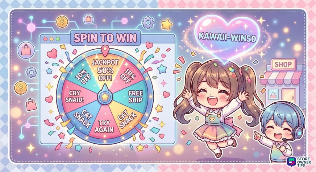 discount-code-gamification - Store Owner Tips A cute anime-style "spin to win" wheel with a chibi character celebrating winning a high-value code.