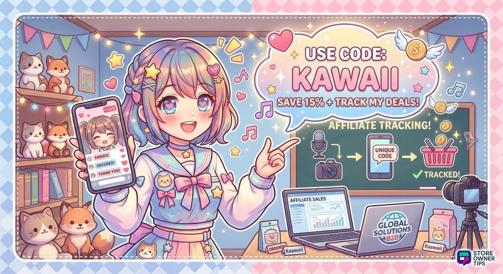 discount-code-how-affiliates-use-discount-codes - Store Owner Tips A cute anime influencer sharing her personal discount code with her followers.
