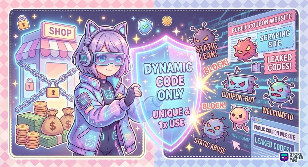 discount-code-preventing-discount-code - Store Owner Tips An anime security character protecting a store from generic code leaks using unique dynamic codes.