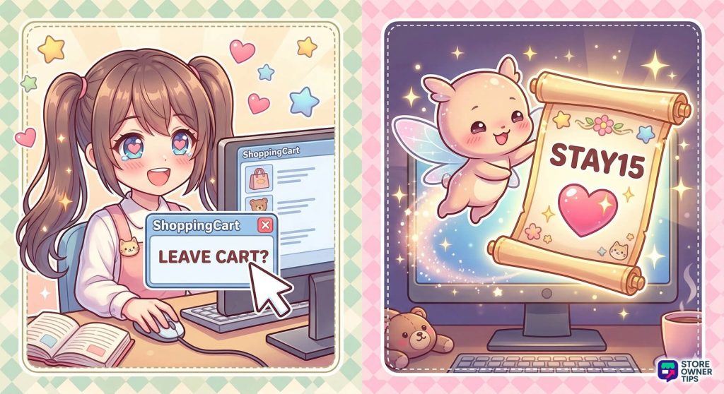 discount-code-when-to-give-out-discount-codes - Store Owner Tips A cute anime character about to leave a website when a discount fairy appears with a special offer.