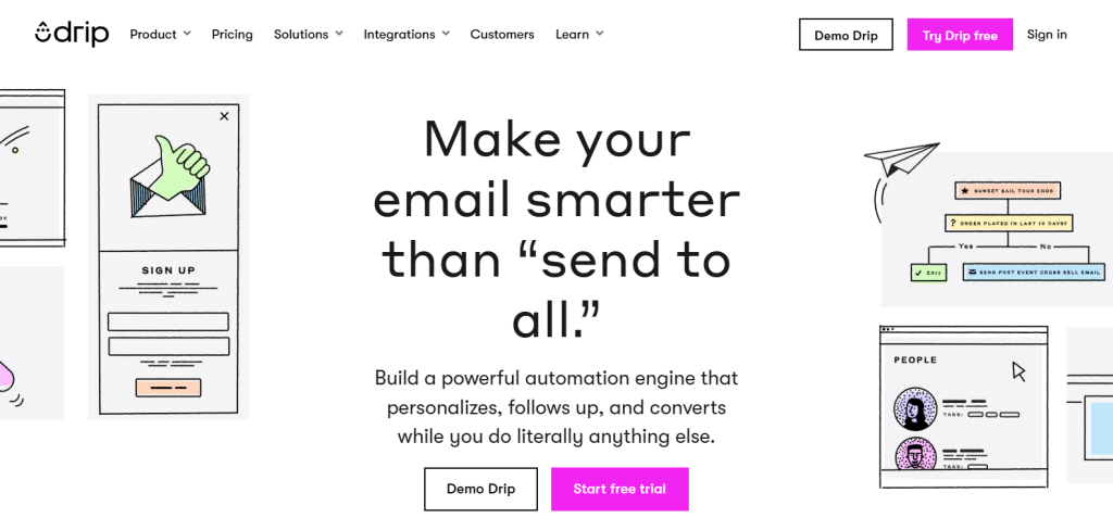 drip-homepage-2026 - Store Owner Tips Hero banner with bold headline'Make your email smarter than “send to all.”' and two CTA buttons, framed by sketch-style illustrations on the sides.