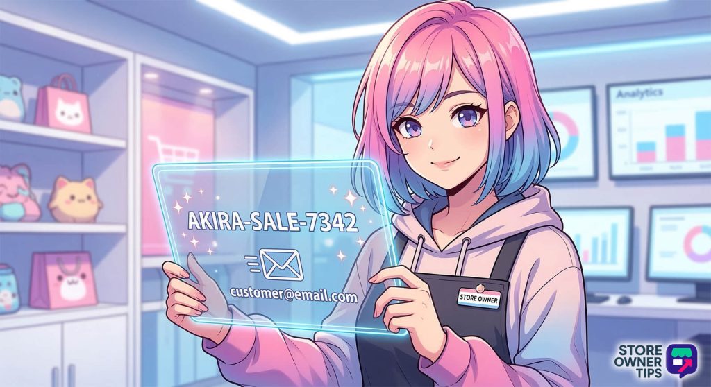 dynamic-coupon - Store Owner Tips A cute anime store owner holds a tablet displaying a unique dynamic coupon code linked to an email.