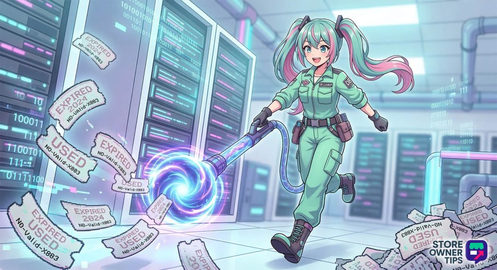 dynamic-coupon-how-to-keep-your-database-clean - Store Owner Tips An anime girl in a cleanup outfit vacuums up expired coupon codes.