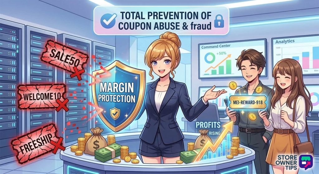 dynamic-coupon-immediate-and-long-term-benefits - Store Owner Tips Anime store owner triumphantly guards rising profits with a shield.