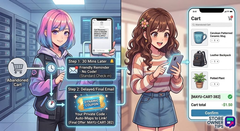 dynamic-coupon-recover-abandoned-carts - Store Owner Tips Anime infographic illustrating an automated ecommerce cart recovery workflow using a dynamic coupon for a customer discount.