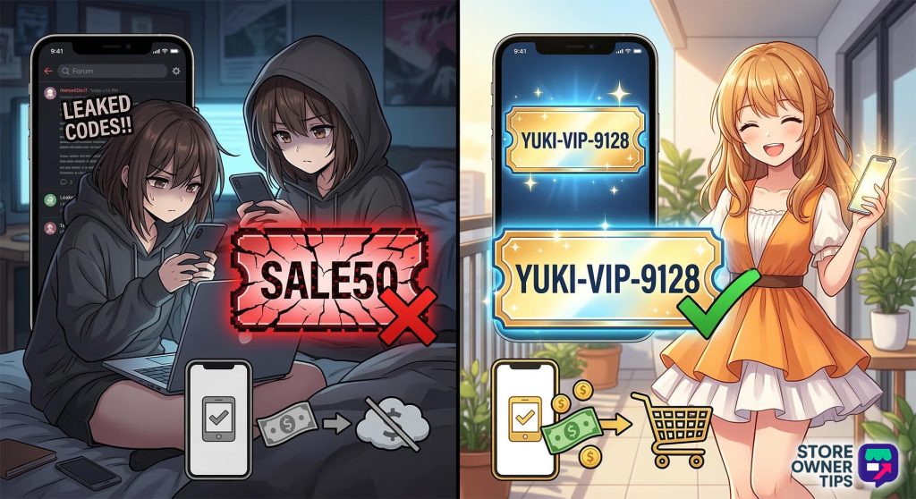 dynamic-coupon-vs-static-coupon - Store Owner Tips Comparison of a shared, broken static coupon versus a secure, unique dynamic coupon.