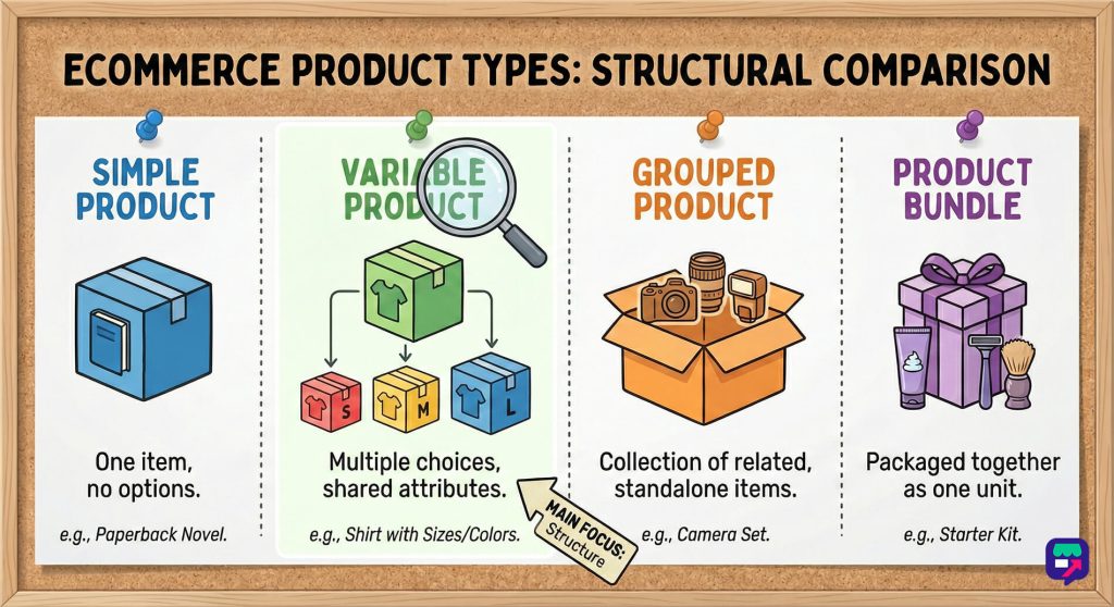ecommerce-product-types-revised - Store Owner Tips Infographic comparing four e-commerce product types—simple, variable, grouped, and bundle—with icons and brief definitions on a corkboard background.