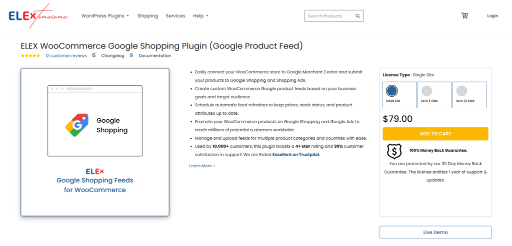 ELEX WooCommerce Google Shopping plugin product page showing features, price (), license options, and add-to-cart button on a clean white layout.