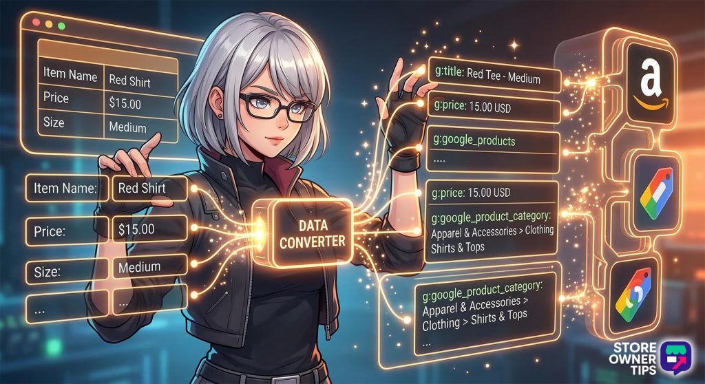An anime merchant visually mapping basic internal product categories to the complex taxonomies required by external sales channels.