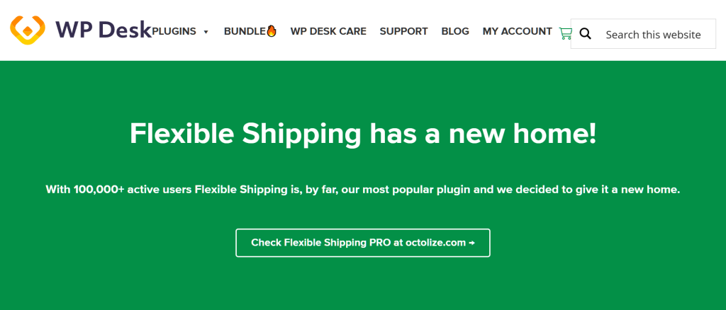 flexible-shipping - Store Owner Tips Green website banner announcing 'Flexible Shipping has a new home,' highlighting WP Desk header, brief description, and a call-to-action button.