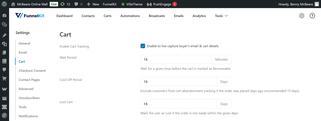 FunnelKit Cart settings screen showing 'Enable Cart Tracking' toggled on, with wait, cool-off, and lost cart periods set to 15.