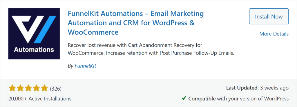 WordPress plugin listing for FunnelKit Automations, promoting email and WooCommerce automation with cart recovery, 20,000+ installs and high ratings.