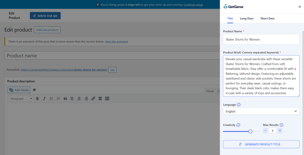 Store product edit screen showing GetGenie AI sidebar generating a product title and brief for Skater Shorts for Women.