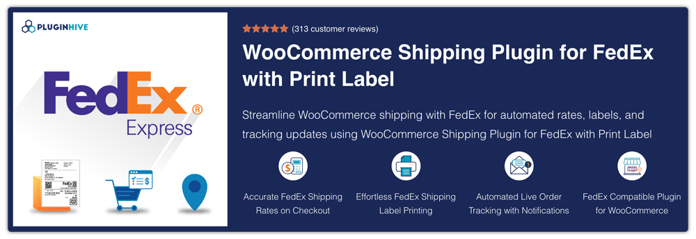 image - Store Owner Tips Banner ad for WooCommerce Shipping Plugin for FedEx with Print Label; FedEx Express logo on left, dark blue right panel with title and features.