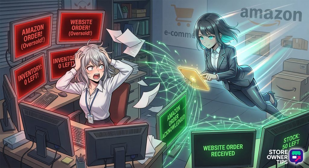 A visualization of an anime merchant’s panic over manual inventory errors being resolved by automated synchronization software.