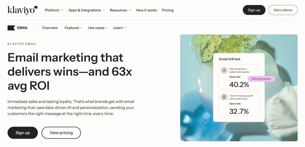 Website hero for Klaviyo email marketing showing bold headline about 63x ROI, call-to-action buttons, and A/B test graphic on pastel background.