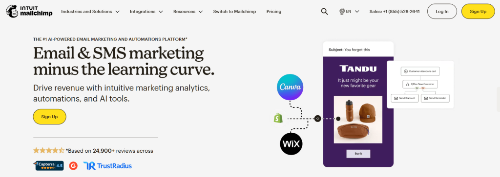 Mailchimp homepage hero promoting easy email and SMS marketing with AI-driven automations, analytics, integrations, and a prominent yellow 'Sign Up' button.