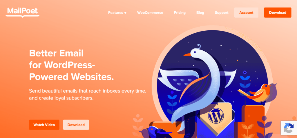 mailpoet-homepage-2026 - Store Owner Tips Hero section with an orange gradient background and a circular illustration of a blue bird with a WordPress emblem on the right; headline'Better Email for WordPress-Powered Websites' on the left.
