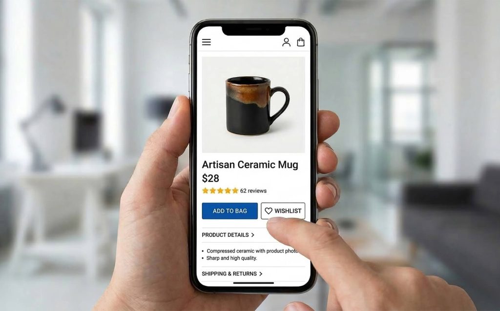 Hand holding smartphone, finger tapping 'Wishlist' on a product page for an artisan ceramic mug priced , blurred living room background.