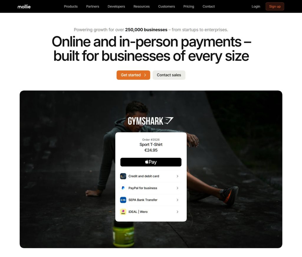 Website hero showing a Gymshark checkout modal for a €24.95 sport T-shirt over a dark skatepark background with seated athlete.