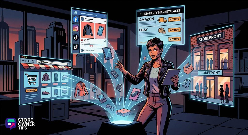 A store owner manipulates holographic interfaces to manage online storefronts, social media listings, product inventory and third-party marketplaces against a city skyline.