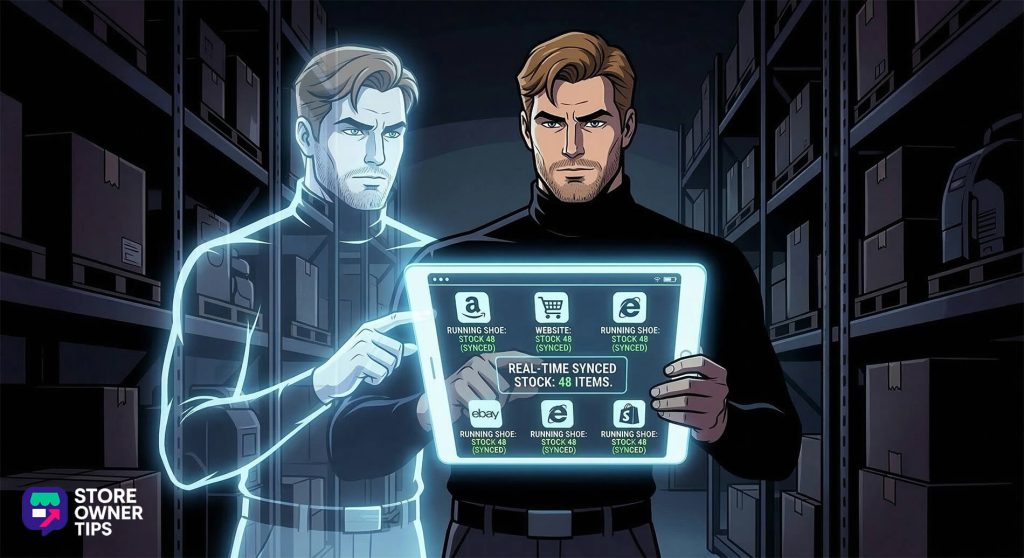 Warehouse owner holds a glowing tablet showing real-time synced inventory while his holographic duplicate points to stock levels among dimly lit shelves.