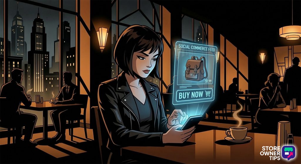 Young woman in a leather jacket taps her smartphone at a dim city café as a holographic "Buy Now" product ad appears.