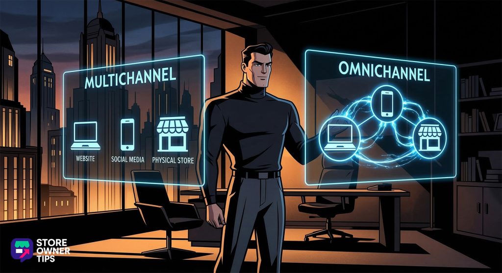 A confident store owner stands in a dim city office, demonstrating holographic multichannel and omnichannel retail diagrams on glowing screens.