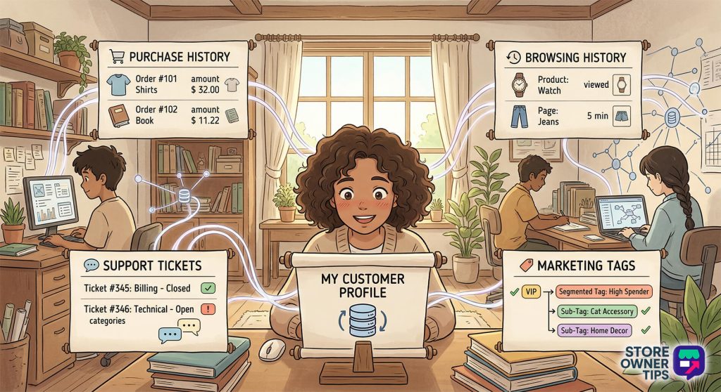 omnichannel-selling-anatomy-of-a-rich-customer-profile - Store Owner Tips Smiling young store owner reviews a consolidated customer profile on a laptop, surrounded by floating panels showing purchases, browsing, support tickets, and marketing tags.