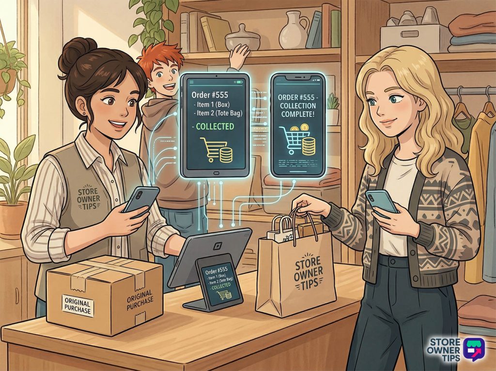 omnichannel-selling-automated-workflows - Store Owner Tips Boutique store clerk scans and confirms Order #555 on mobile while a smiling customer collects her paper bag, shelves and package visible.