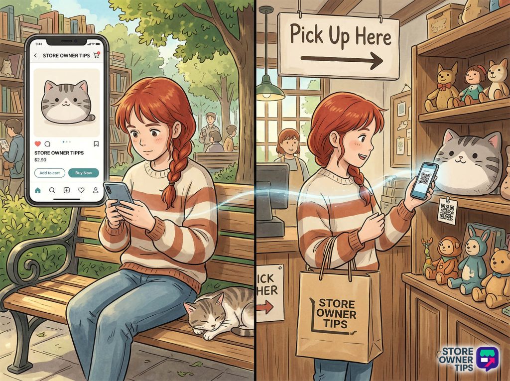 omnichannel-selling-bridging-digital-and-physical - Store Owner Tips Red-haired woman sits on a park bench browsing a shop app, ordering a plush cat while a real cat sleeps beside her.