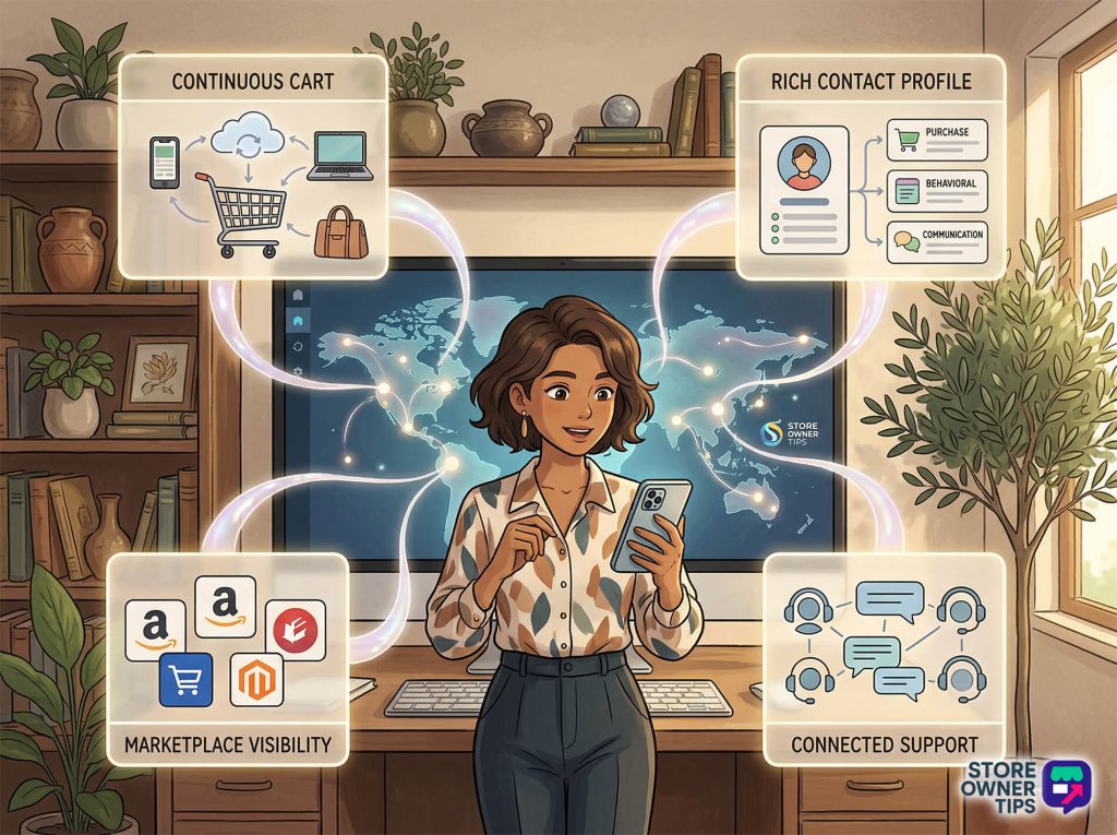 omnichannel-selling-final-unified-strategy - Store Owner Tips A smiling store owner uses her smartphone to manage a connected global online shop, with floating panels showing cart, profiles, marketplaces, support, representing omnichannel selling.