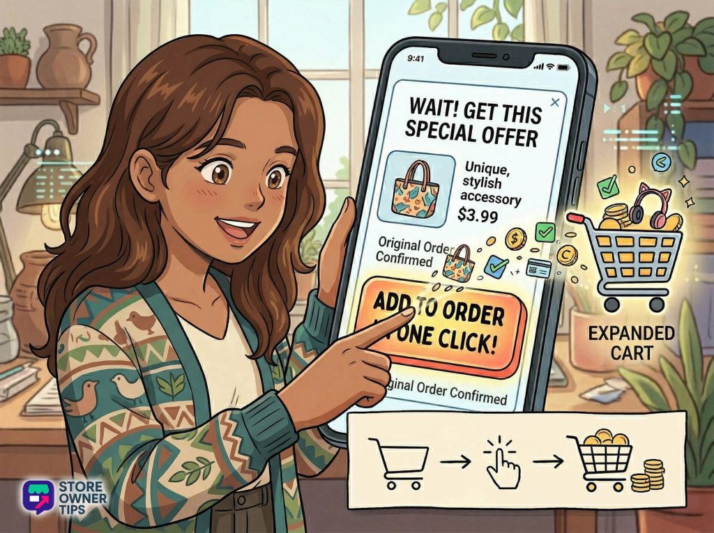 omnichannel-selling-one-click-post-purchase-offer-new - Store Owner Tips Young shopper excitedly taps a smartphone's 'Add to Order — One Click' special offer, instantly adding a discounted accessory to an expanded online cart.