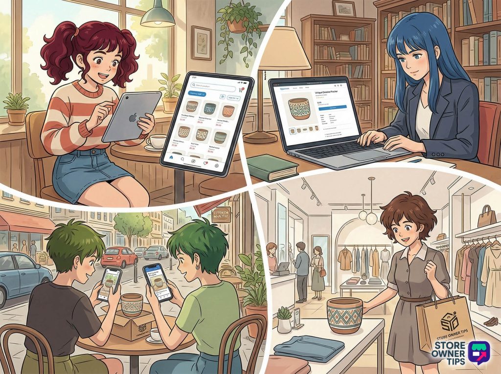 omnichannel-selling-overview - Store Owner Tips Four scenes show customers and a seller engaging with the same patterned planter: online browsing, listing on laptop, friends comparing phones, and in-store purchase.