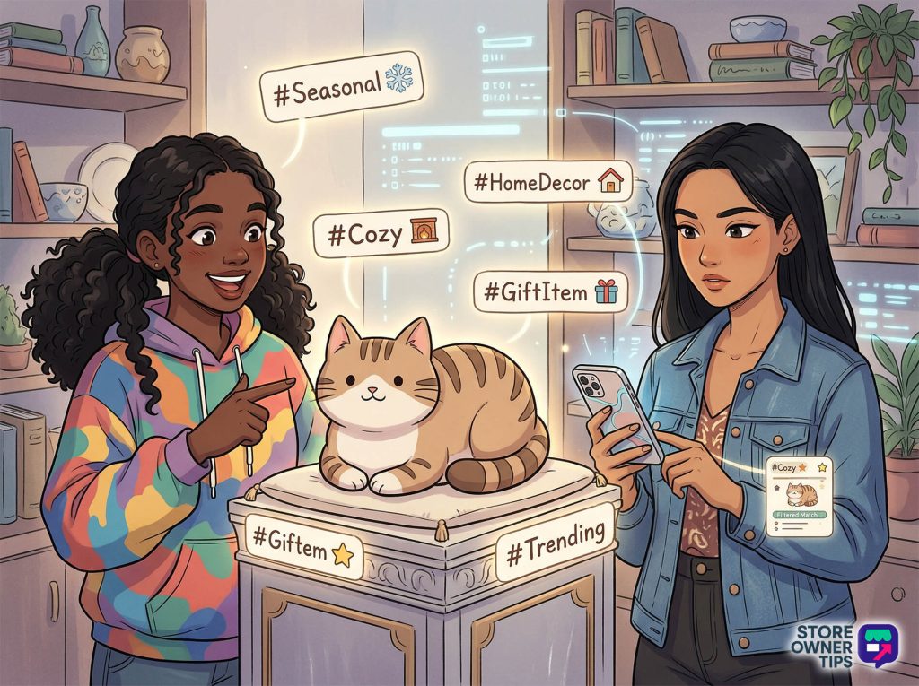 omnichannel-selling-product-discovery-via-tags - Store Owner Tips Two friends examine a plump cat display on a pedestal in a cozy shop, one pointing enthusiastically while the other checks tags on her phone.